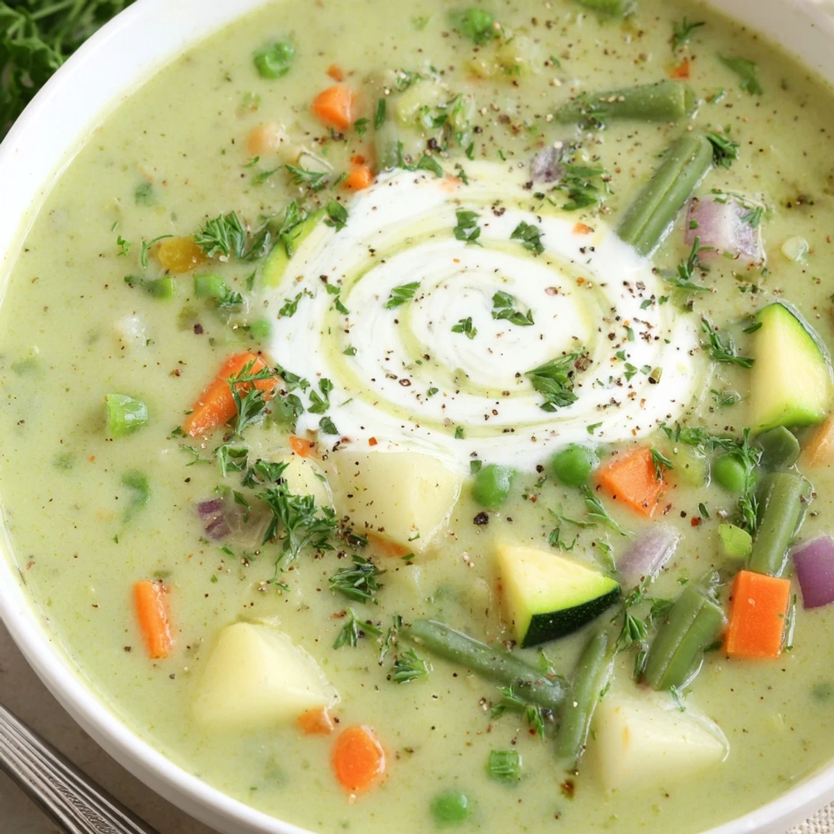 Steaming bowl of Creamy Vegetable Soup Recipe with fresh parsley garnish