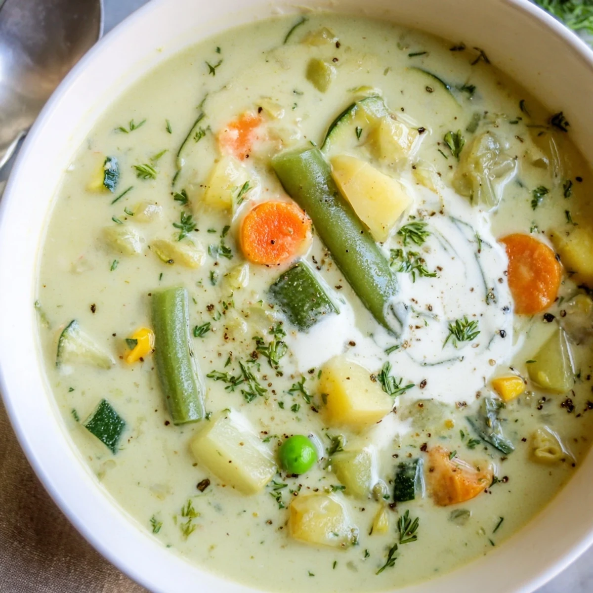 Homestyle Creamy Vegetable Soup Recipe ladled into bowl, served with bread