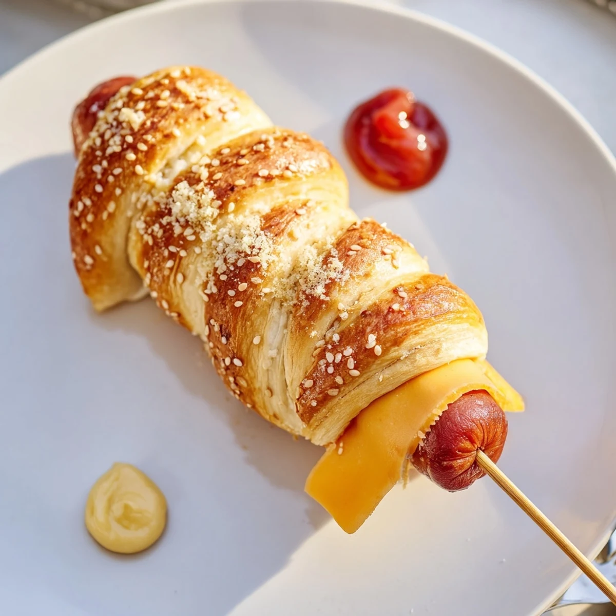 Firecracker Hot Dogs wrapped in golden crescent dough, brushed with butter