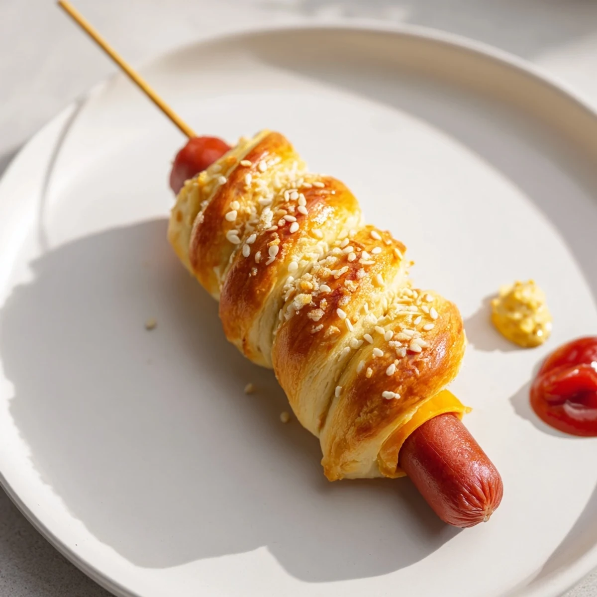 Fresh baked Firecracker Hot Dogs on skewers, sesame crusted and ready for dipping