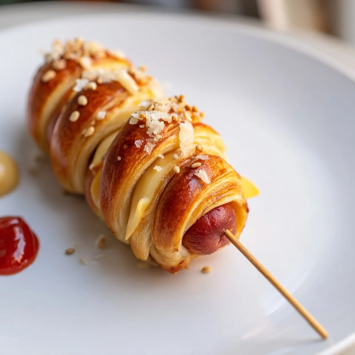 Party ready Firecracker Hot Dogs with melted cheddar and flaky spiral crust