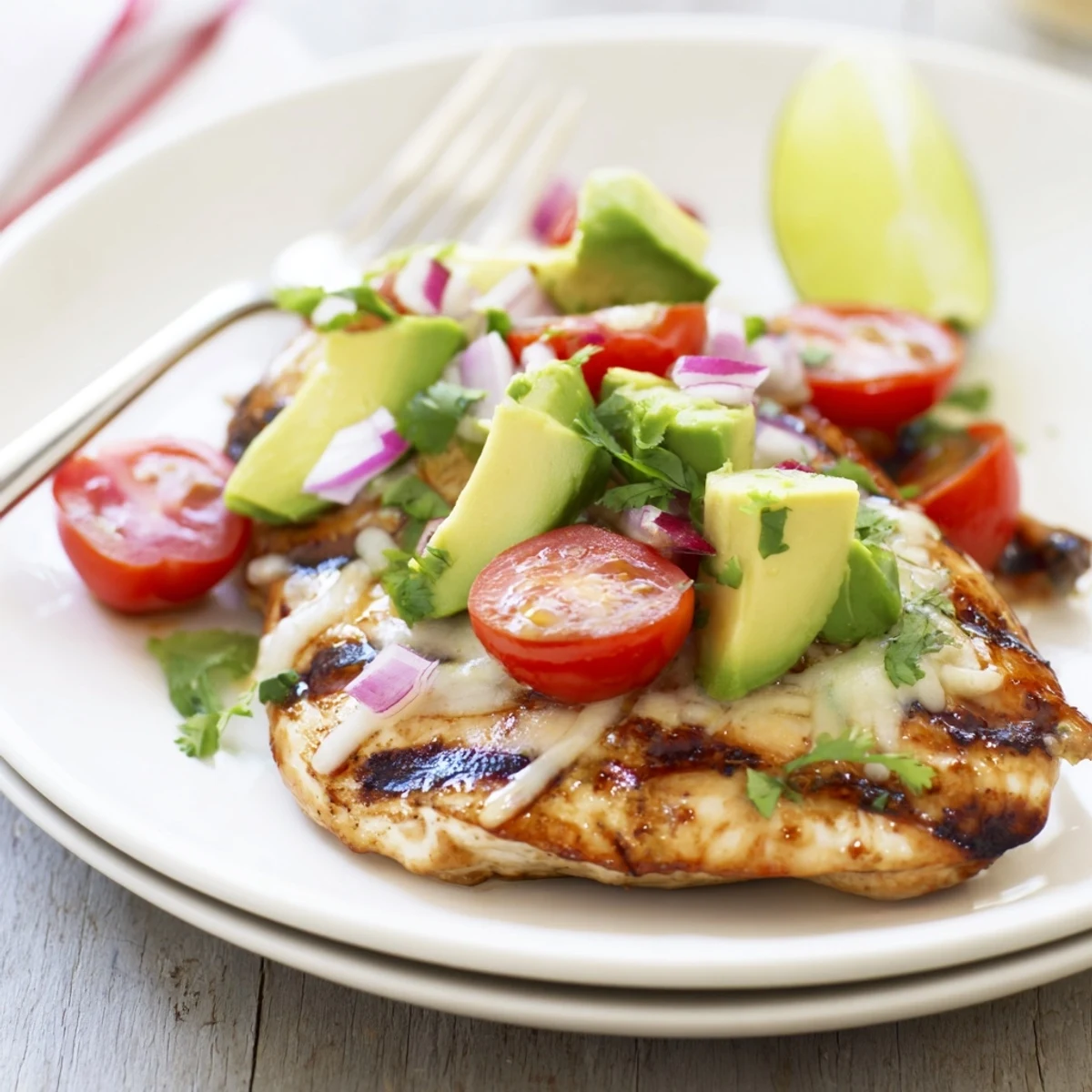 Grilled Fiesta Lime Chicken With Avocado garnished with bright cilantro and lime