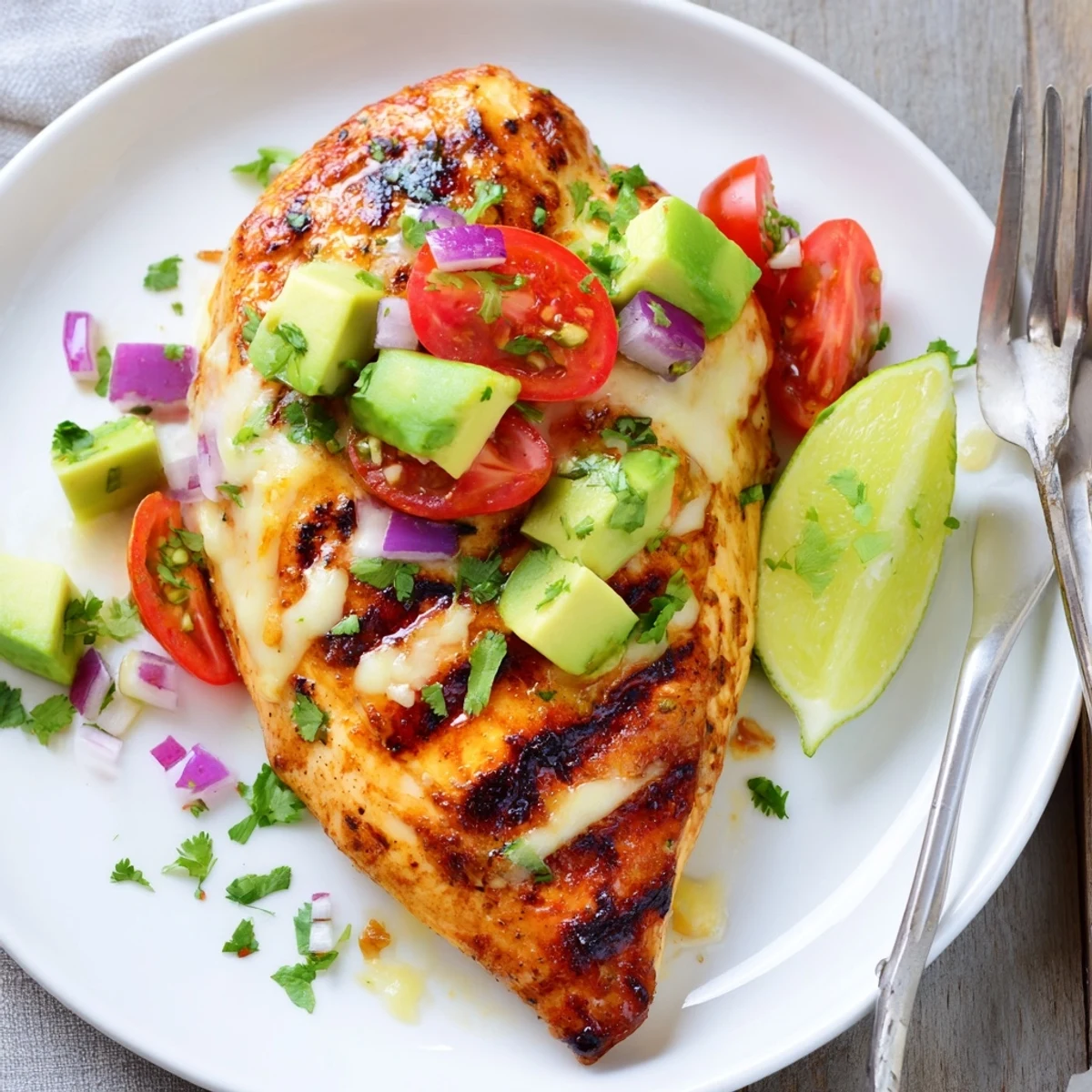 Zesty Fiesta Lime Chicken With Avocado showcasing charred grill marks, creamy topping