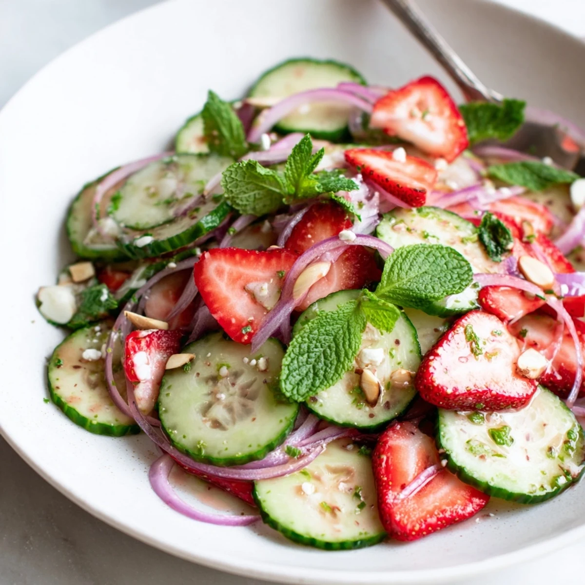 Cucumber Strawberry Salad Recipe: crisp cucumber ribbons, sweet berries, mint-scented dressing.