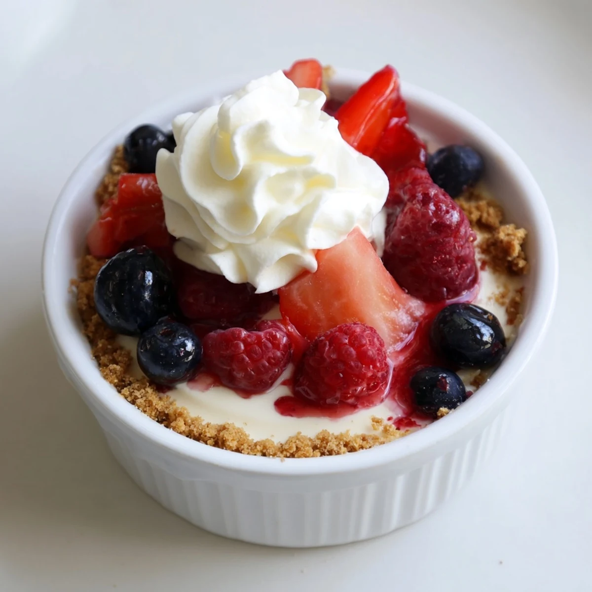 Berry No Bake Cheesecakes in glasses with glossy berry compote and crumbly base