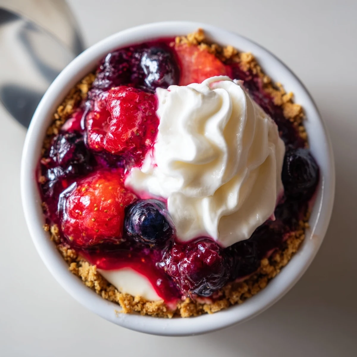 Chilled Berry No Bake Cheesecakes topped with juicy strawberries and lemon zest