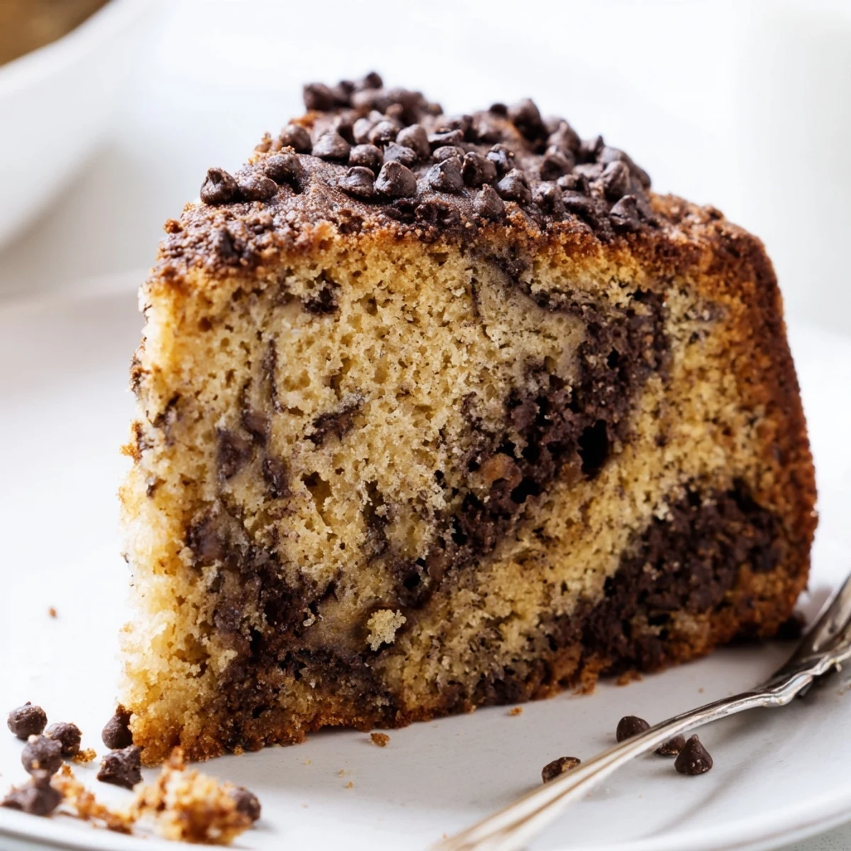 Moist Banana Chocolate Chip Cake Recipe studded with gooey chocolate, served warm