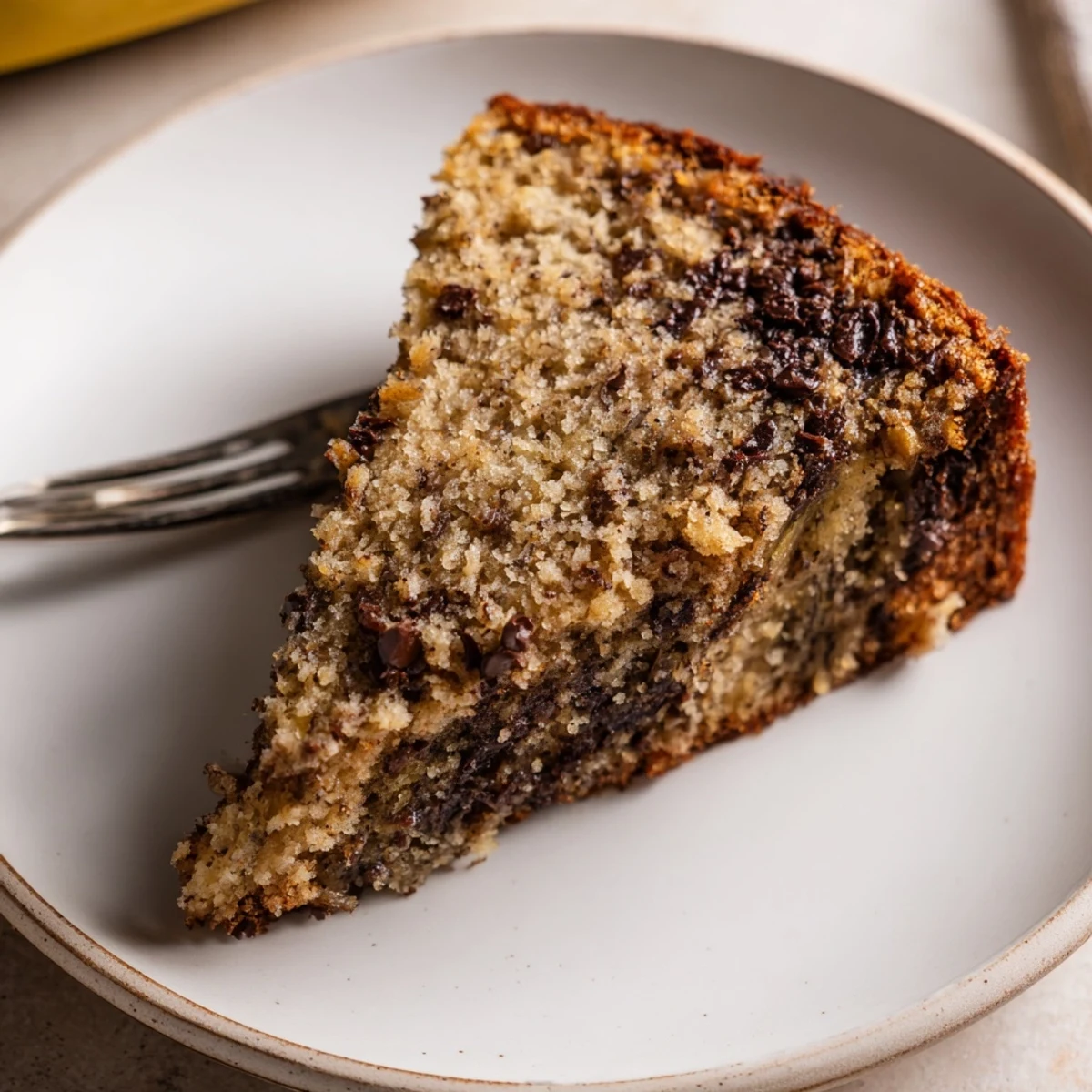 Sliced warm Banana Chocolate Chip Cake Recipe on plate with melting chips