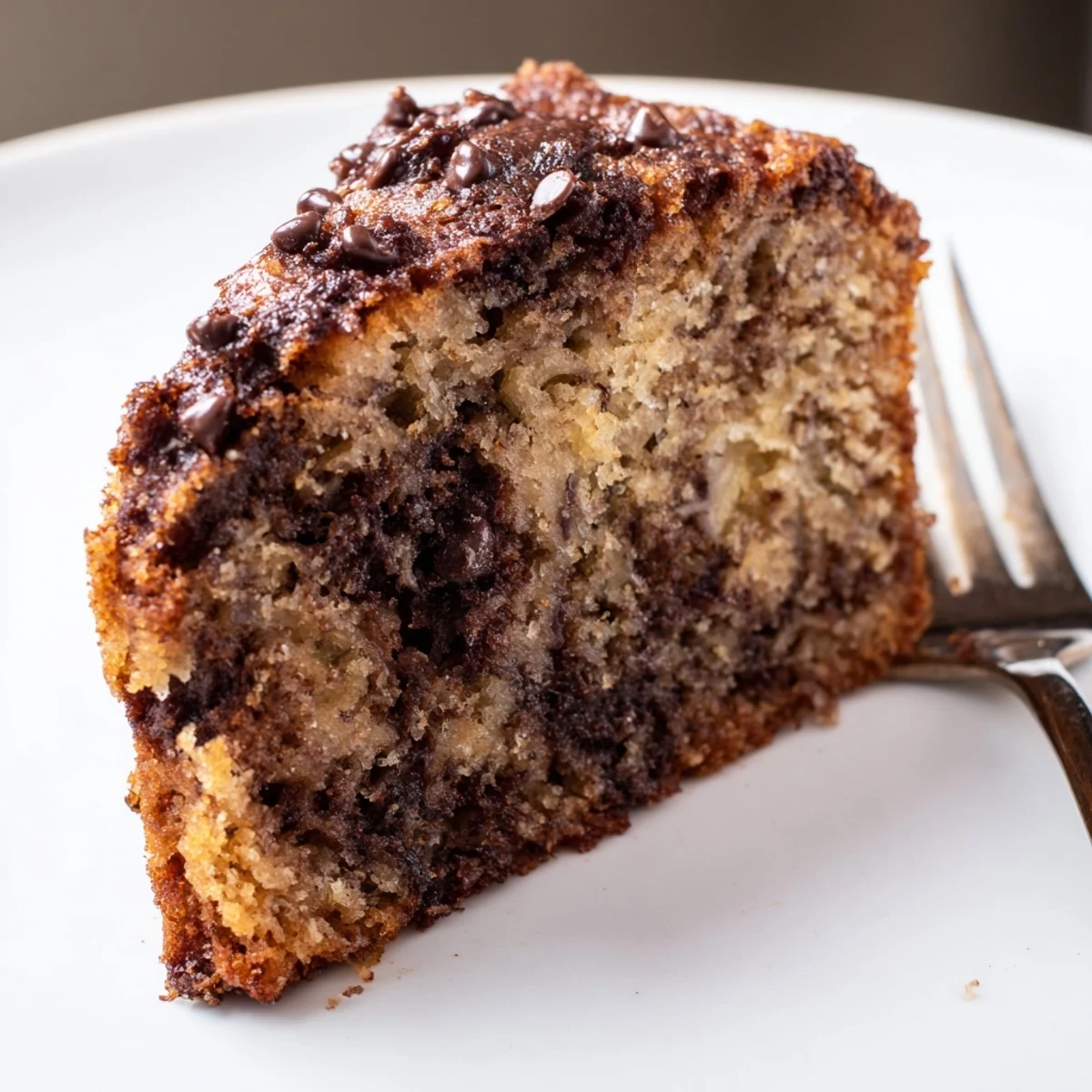 Homestyle Banana Chocolate Chip Cake Recipe, fork beside slice and vanilla ice cream