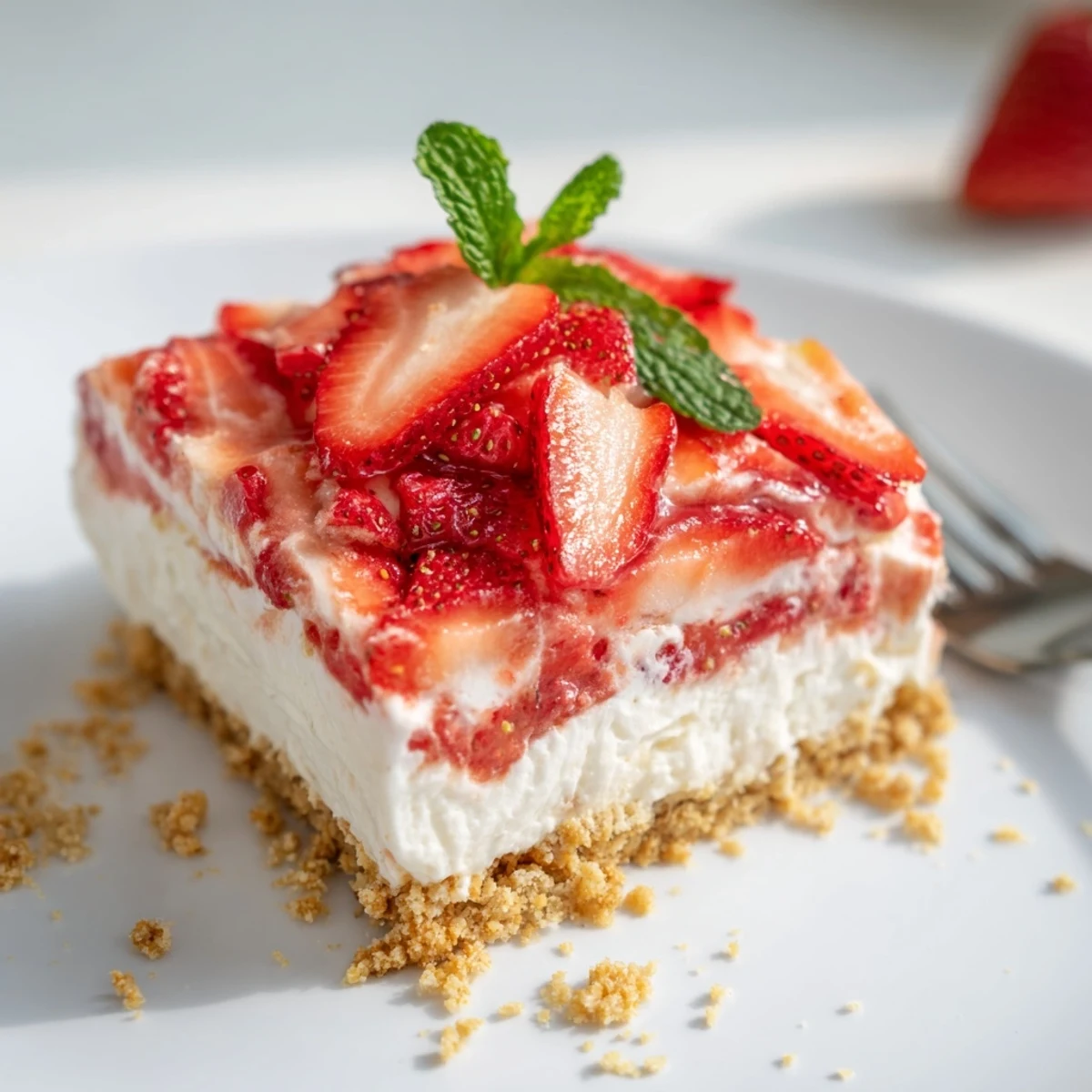 Slice of No Bake Strawberry Shortcake Dessert topped with fresh strawberries and mint.