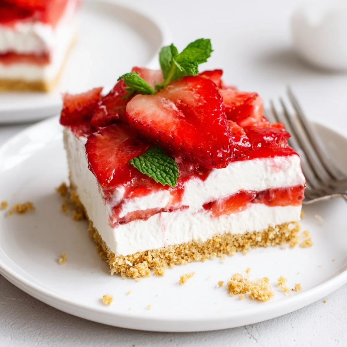 Chilled No Bake Strawberry Shortcake Dessert, graham cracker crumb base, whipped cream layers.