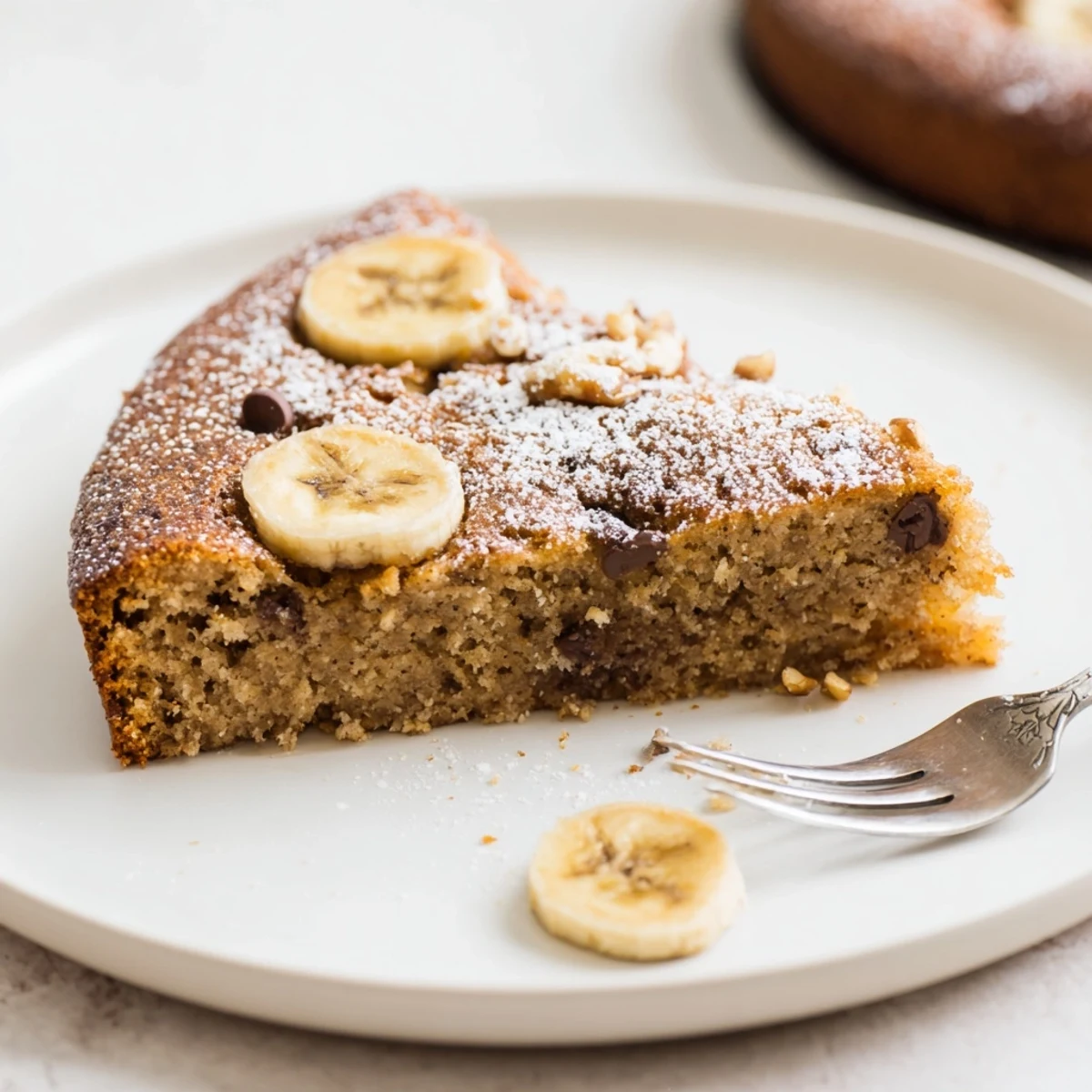 Banana Bread Cake Recipe: moist golden slice topped with powdered sugar, cooling.