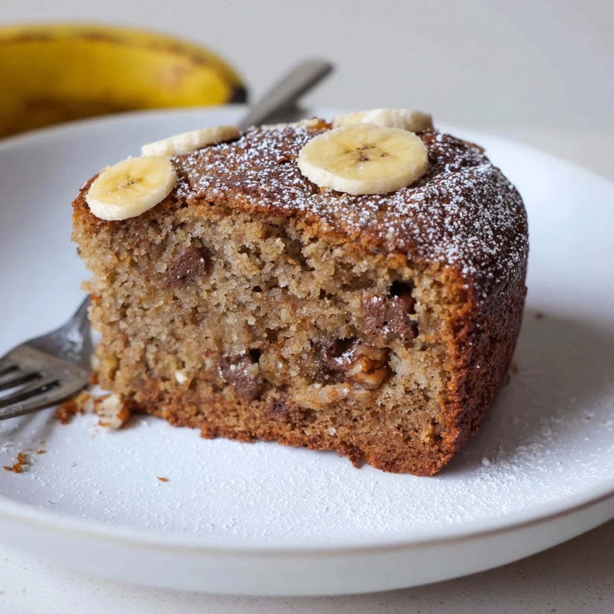 Warm Banana Bread Cake Recipe served with melting vanilla ice cream and crumbs.