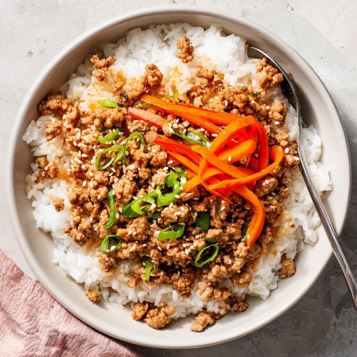 Steaming Teriyaki Turkey Rice Bowls topped with green onions and toasted sesame