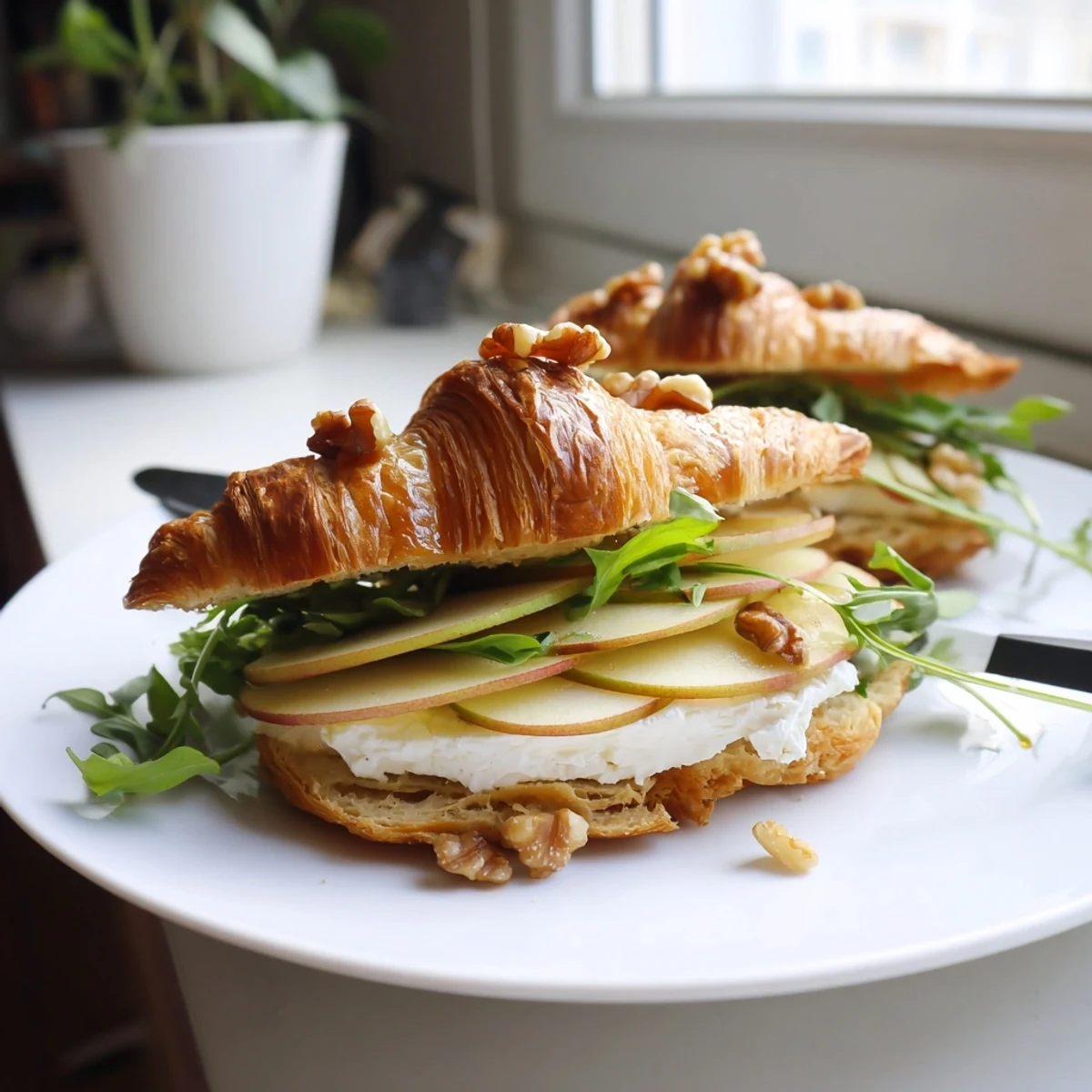 Apple Goat Cheese Croissant Sandwich with crisp apple slices and creamy cheese.