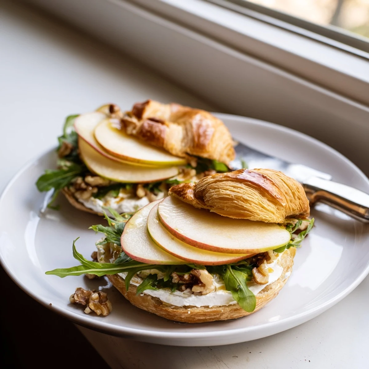 Open-faced Apple Goat Cheese Croissant Sandwich layered with arugula, honey, and walnuts.