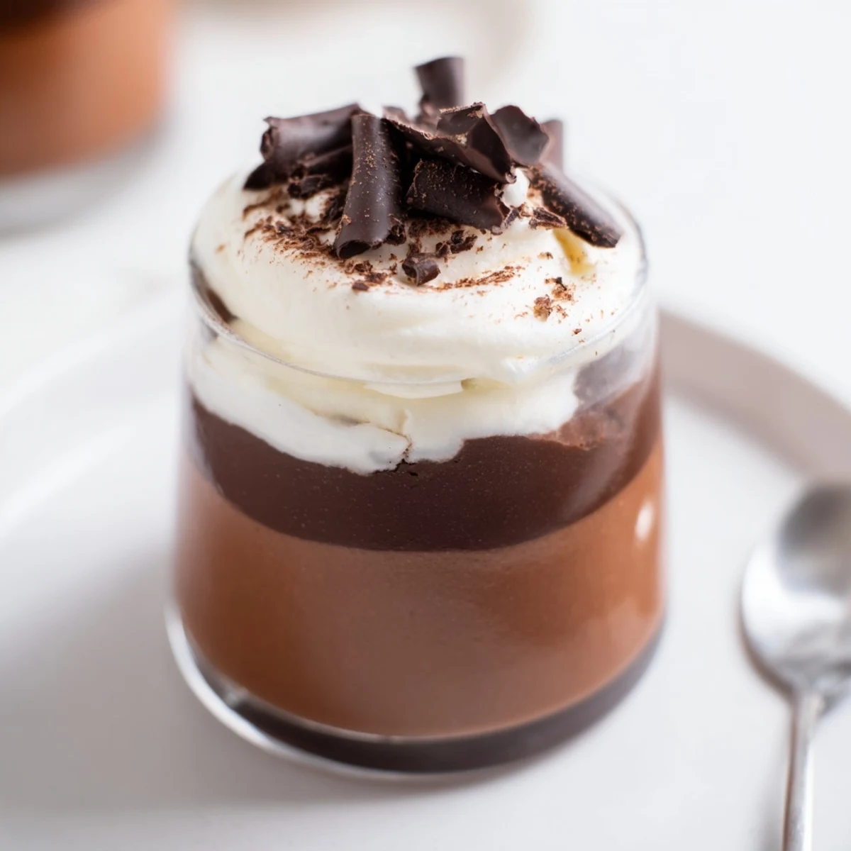 Triple Chocolate Mousse Cups layered in glass, creamy dark milk white mousses.
