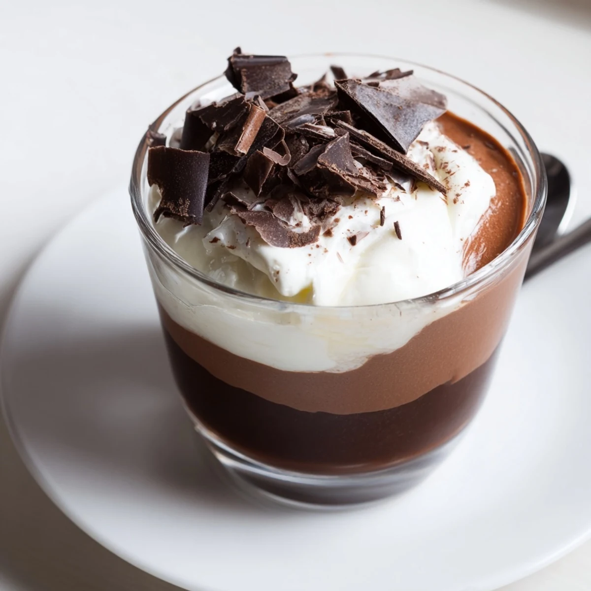 Chilled Triple Chocolate Mousse Cups topped with shaved chocolate, ready to spoon.