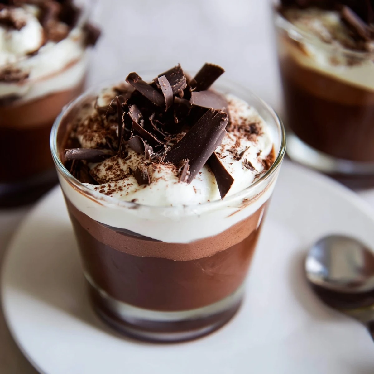 Silky layers in Triple Chocolate Mousse Cups, bittersweet aroma and velvety texture.