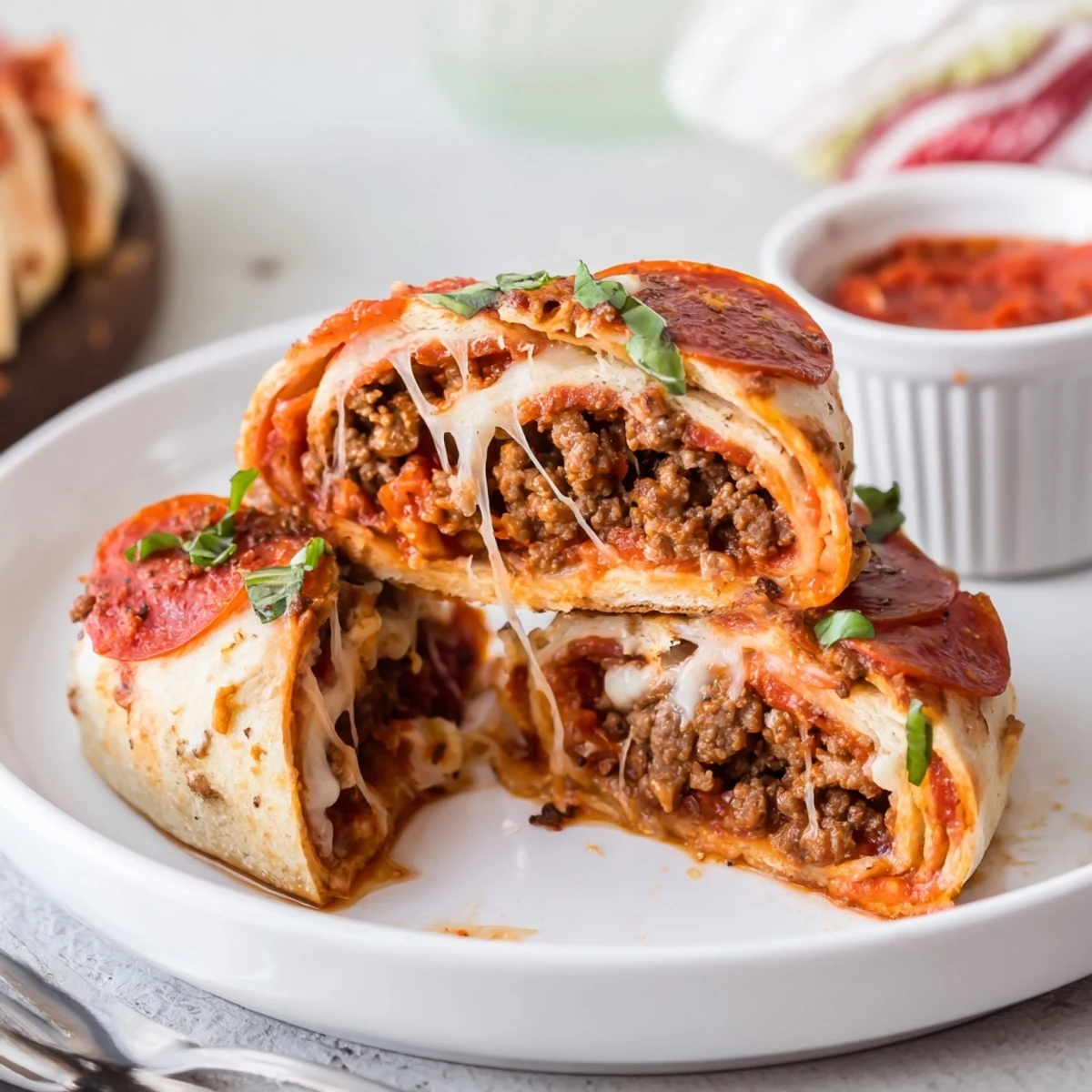 Warm, golden slices of Cheesy Beef Pepperoni Pizza Roll Ups Snack Recipe