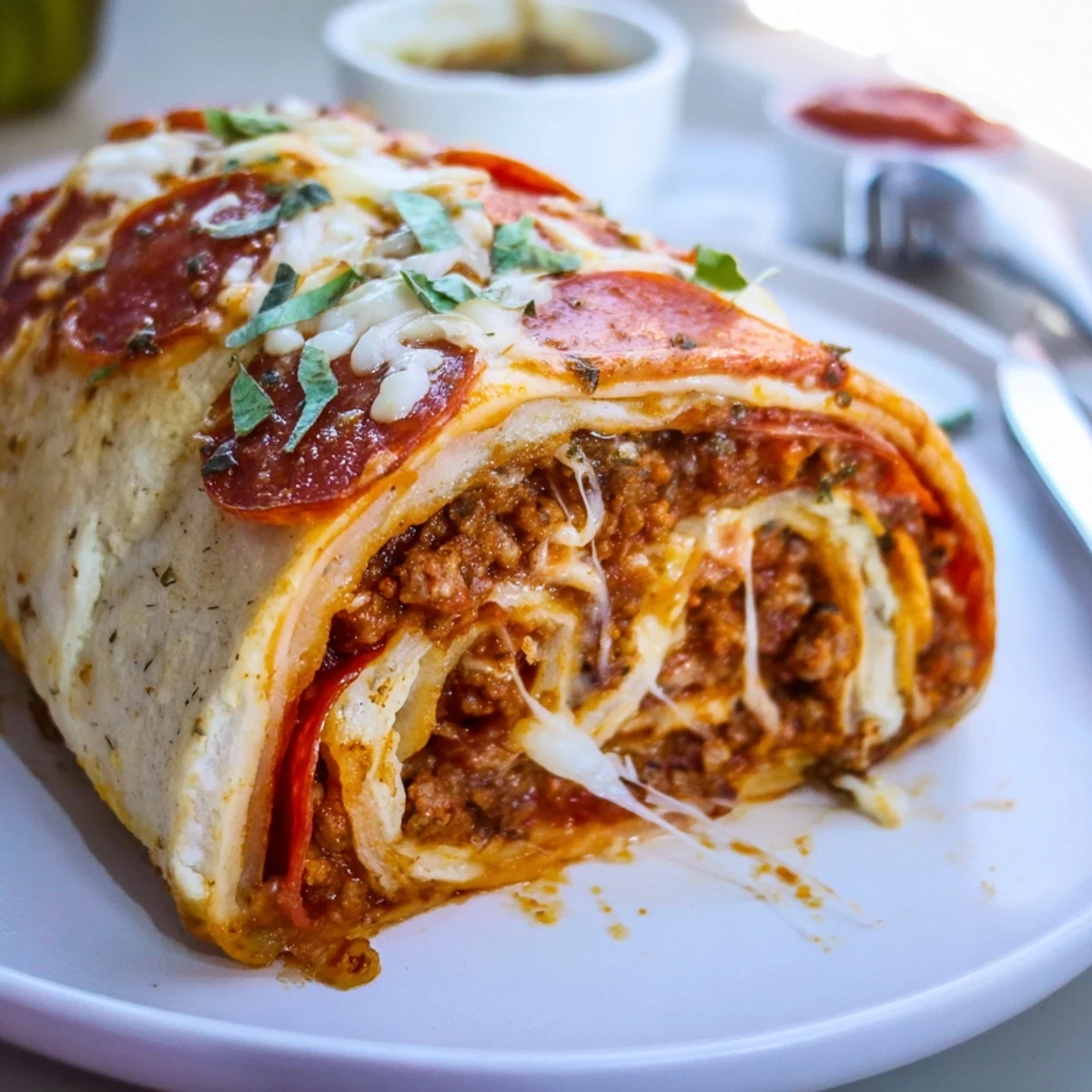 Cheesy Beef Pepperoni Pizza Roll Ups Snack Recipe sliced, savory beef and spicy pepperoni