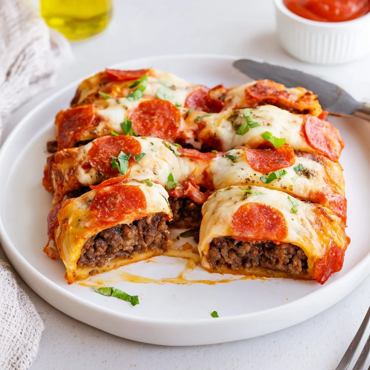 Serve Cheesy Beef Pepperoni Pizza Roll Ups Snack Recipe with tangy marinara and basil