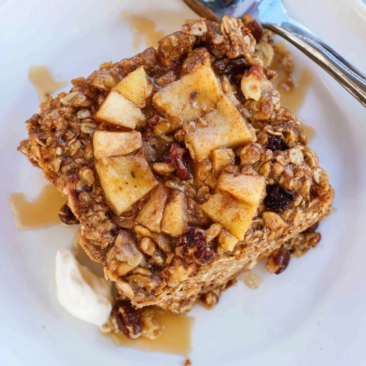 Warm Delicious Apple Cinnamon Oatmeal Bake Recipe topped with browned apples