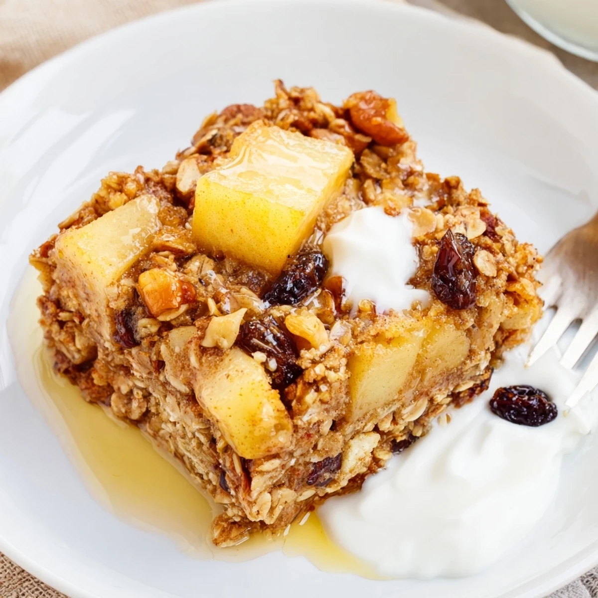 Steaming Apple Cinnamon Oatmeal Bake Recipe served warm with creamy yogurt