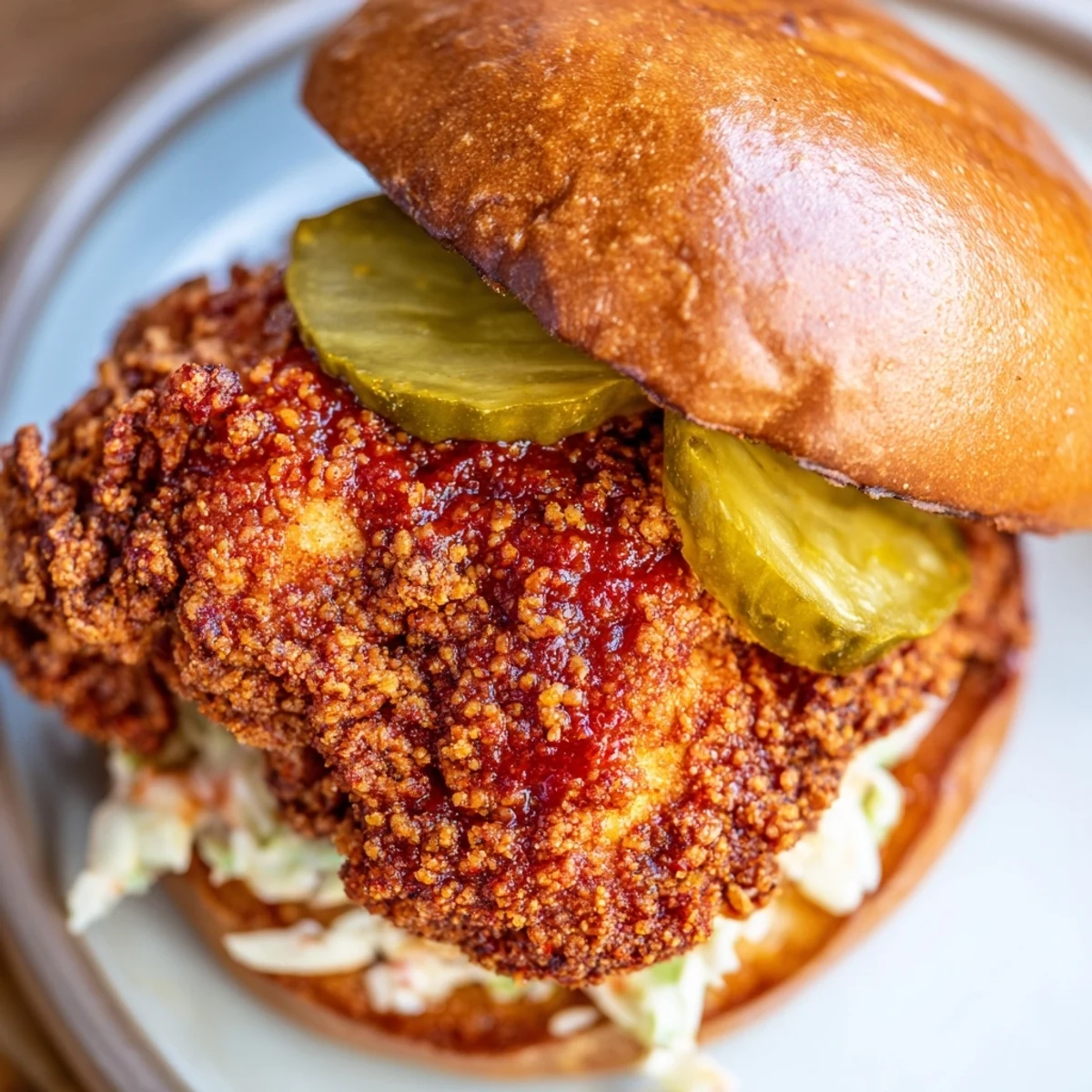 Warm brioche holding Spicy Nashville Hot Chicken Sandwiches Recipe To Savor, creamy slaw