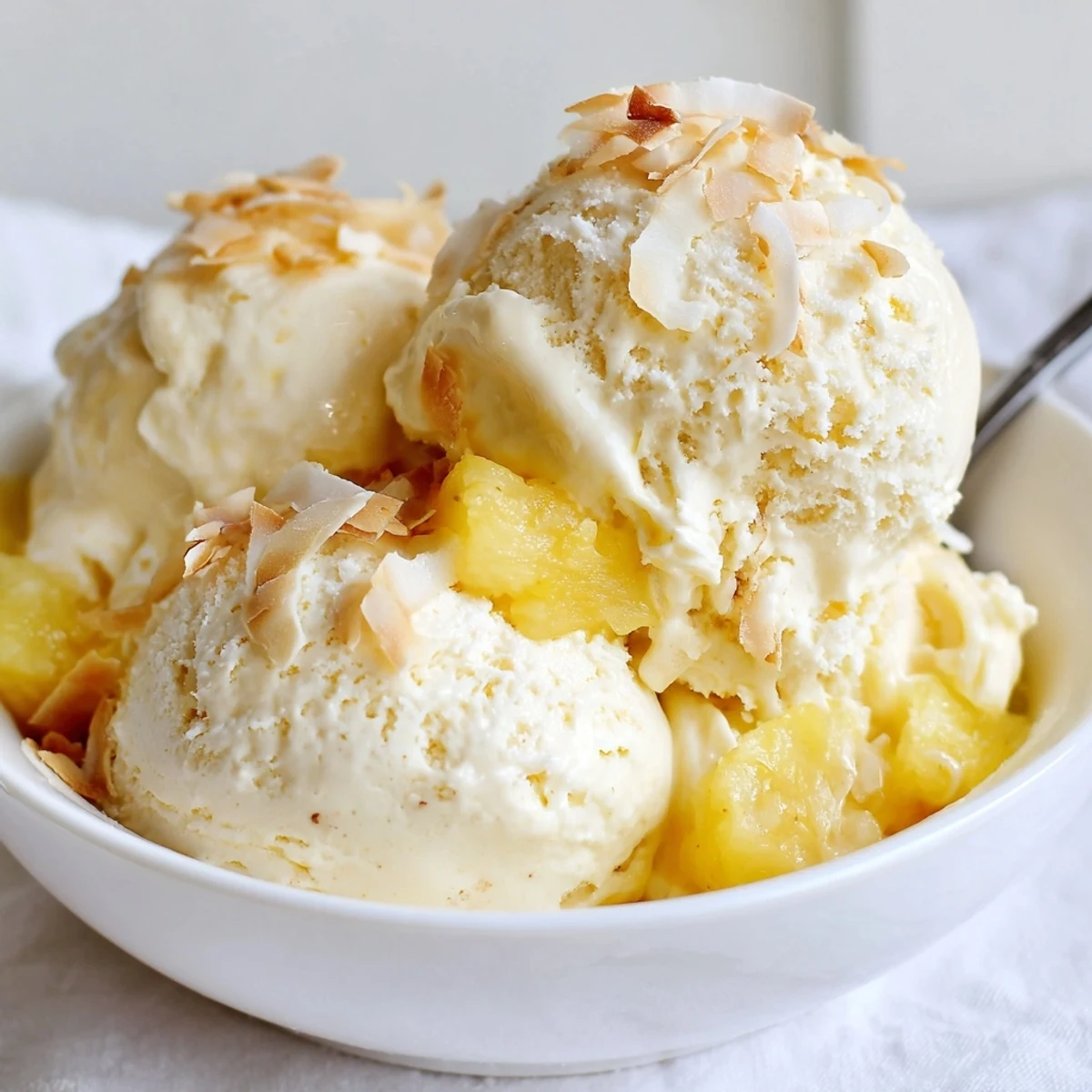 Homemade Creamy Pineapple Ice Cream churned smooth, served with toasted coconut