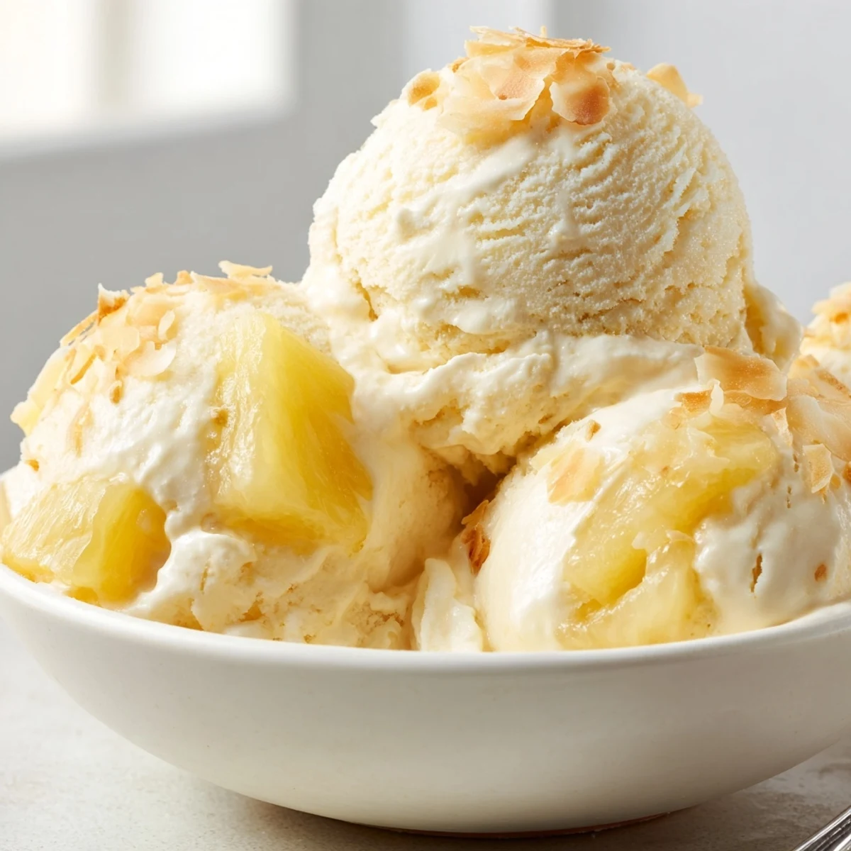 Chilled Creamy Pineapple Ice Cream, silky texture, spoon resting on bowl