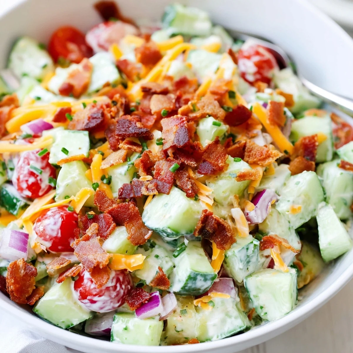 Cucumber Ranch Crack Salad piled in bowl, creamy ranch and crunchy chips  
