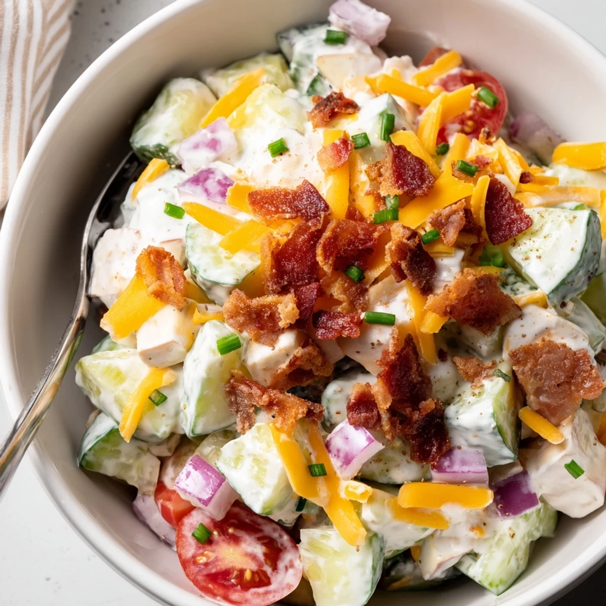 Creamy Cucumber Ranch Crack Salad with smoky bacon, cheddar, and chive garnish  