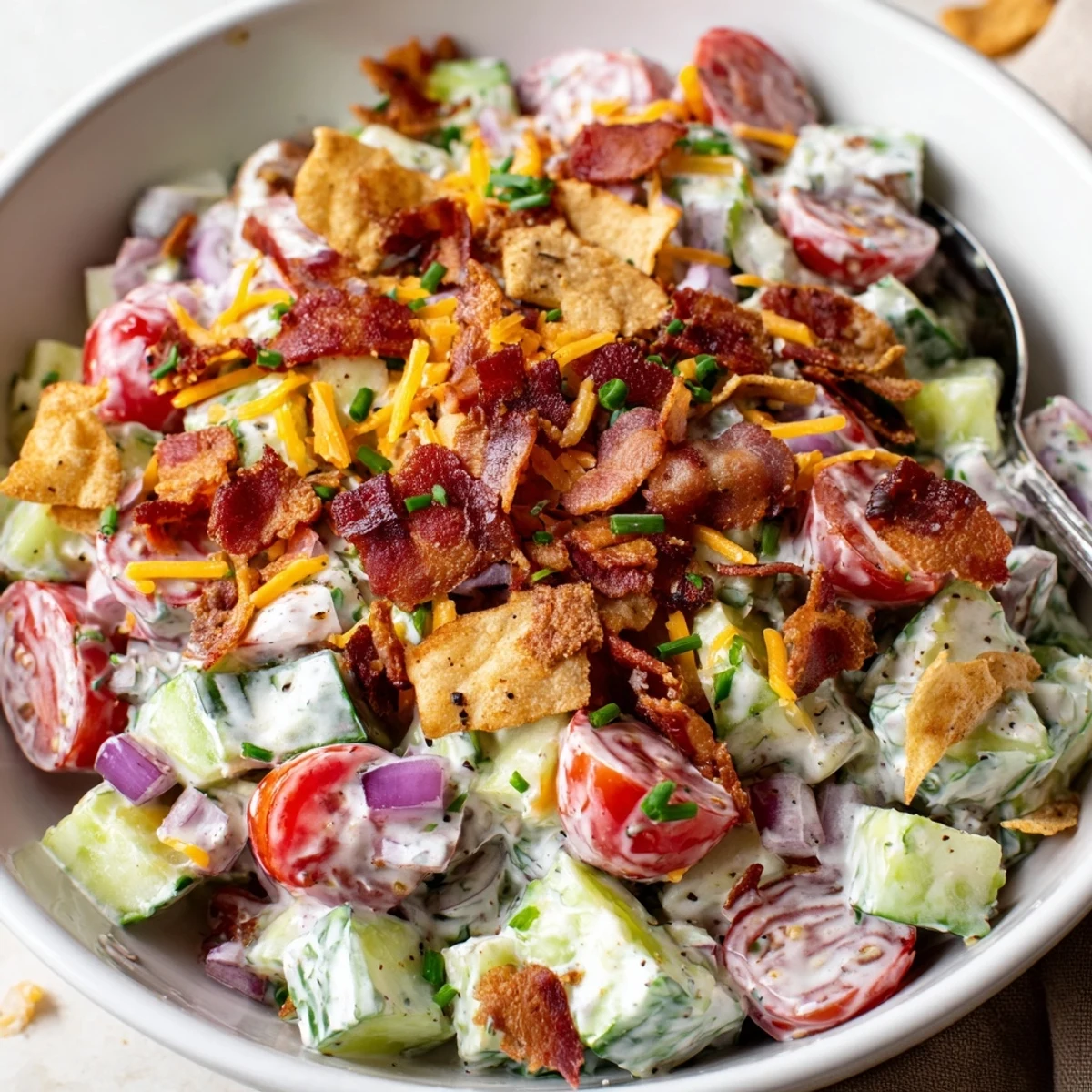 Picnic-ready Cucumber Ranch Crack Salad glistening with dressing, crisp cucumbers, crumbled bacon
