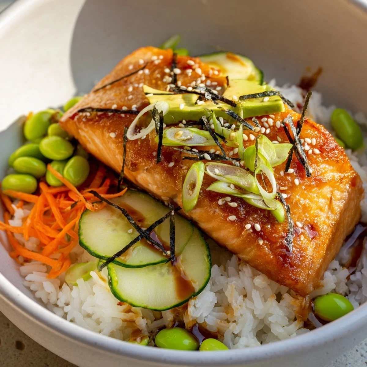 Crispy salmon and rice bowl featuring golden skin-on fillets over fluffy jasmine rice with colorful fresh vegetables