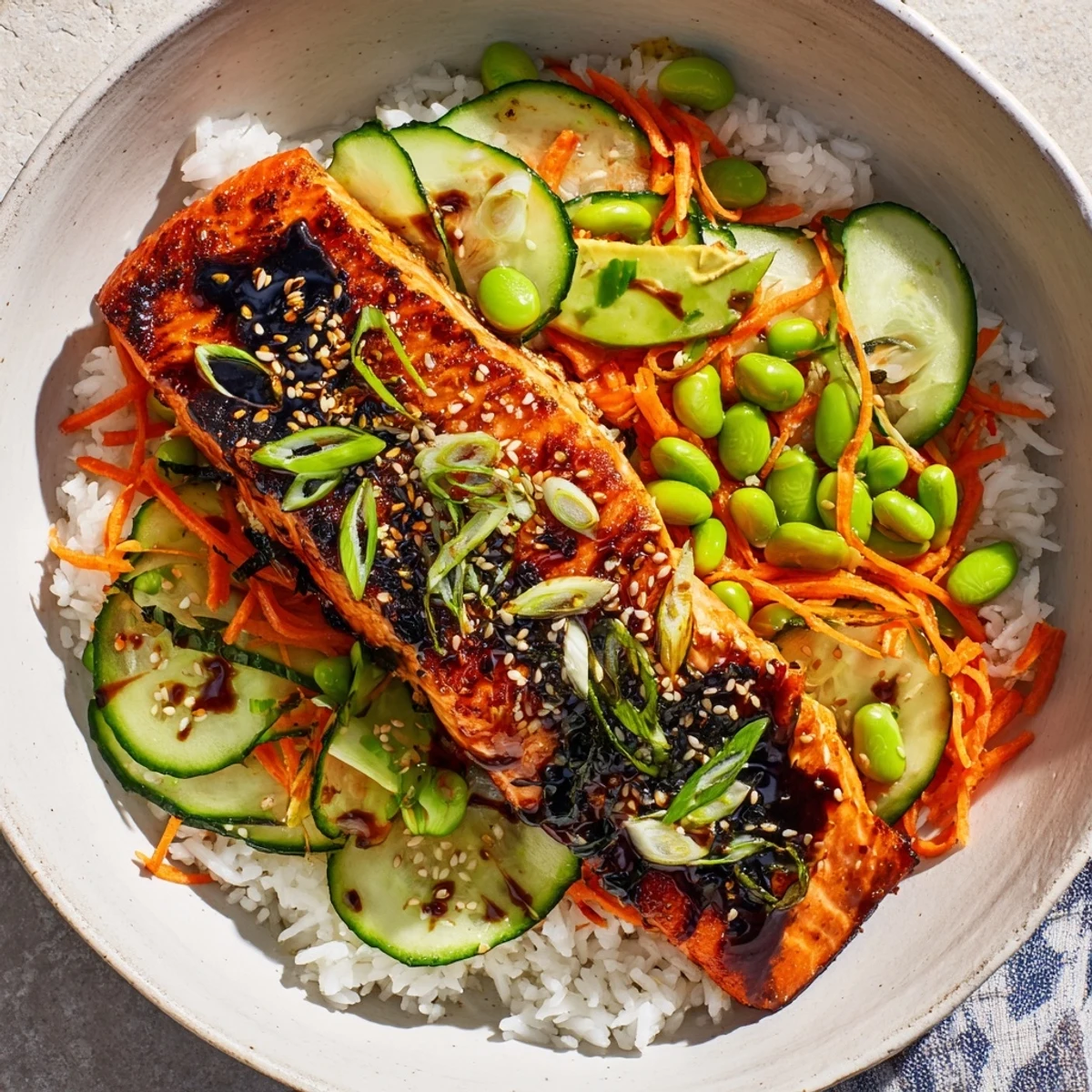 Wholesome crispy salmon and rice bowl arranged with steamed edamame, carrots, and toasted sesame seed garnish