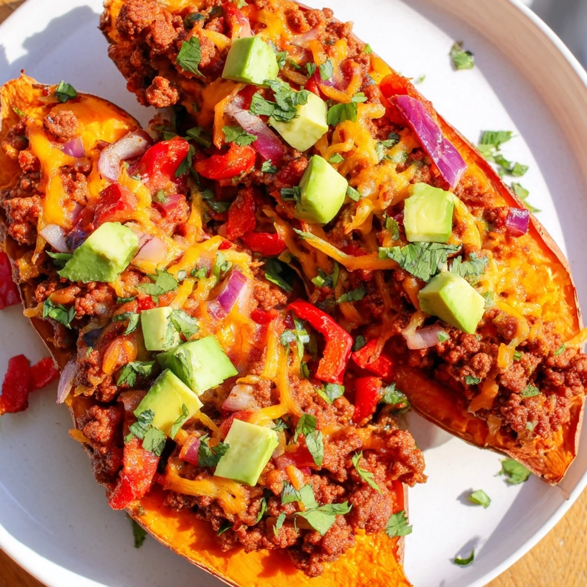 Roasted sweet potato boats overflowing with spicy hot honey ground beef and fresh toppings
