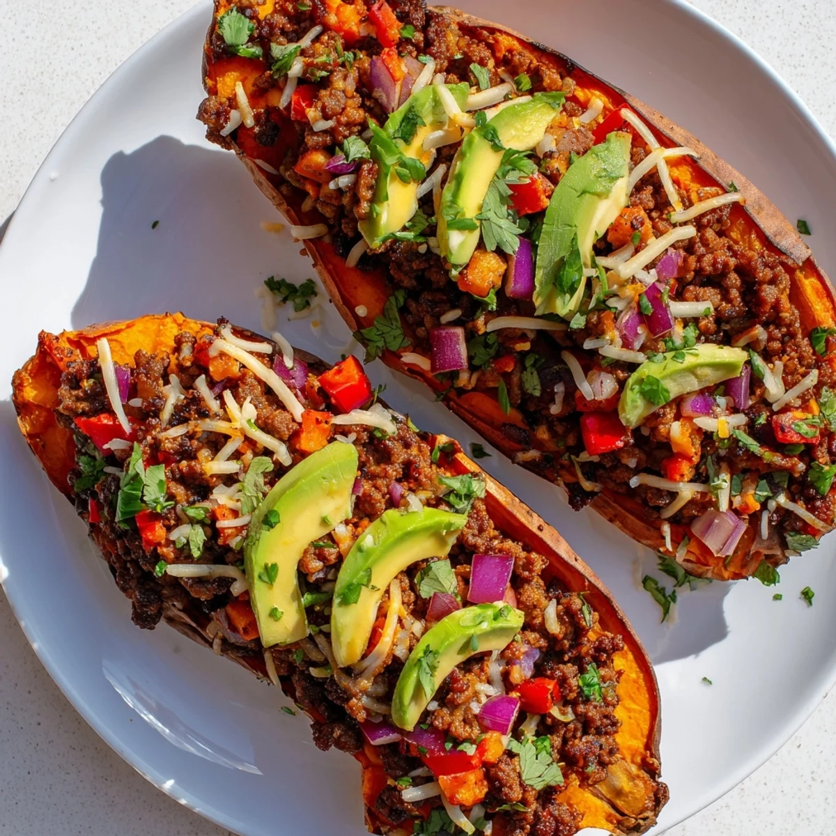 Golden sweet potatoes filled with savory sweet ground beef mixture topped with melted cheese