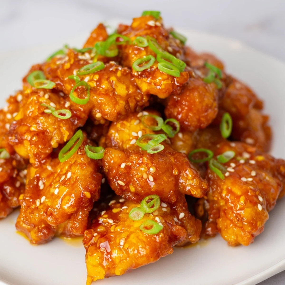 Crispy orange chicken pieces glazed in glossy sweet citrus sauce garnished with green onions