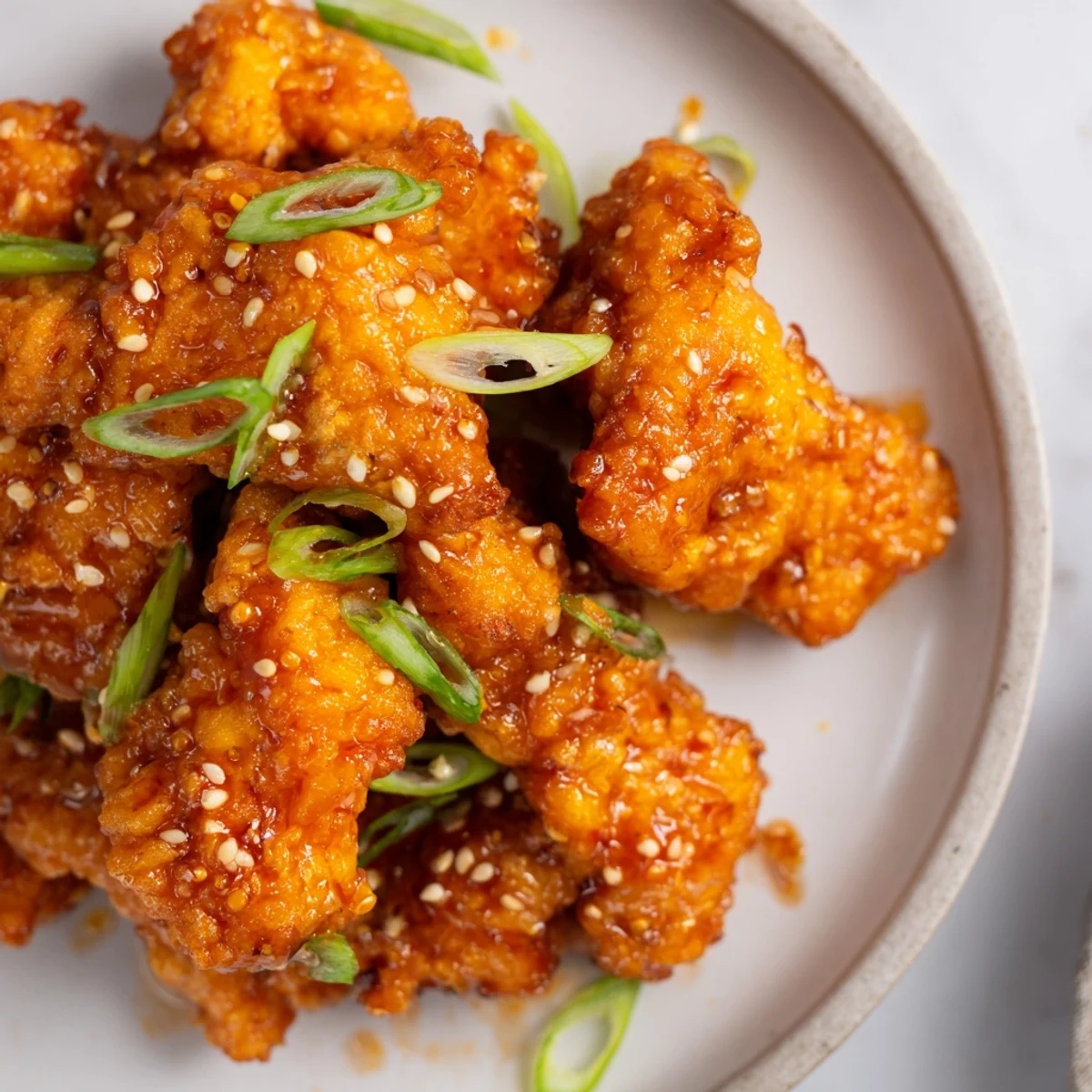 Chinese-American orange chicken served steaming hot with vibrant orange zest and fresh scallions