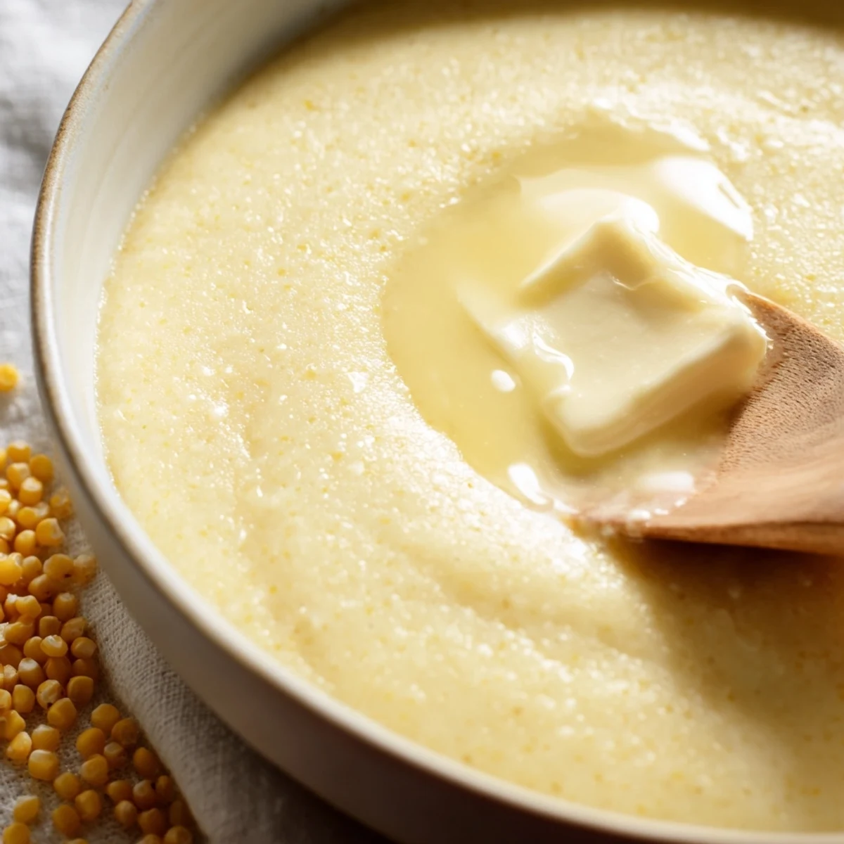 Steaming hot maize porridge stirred with butter, served in a rustic white ceramic bowl