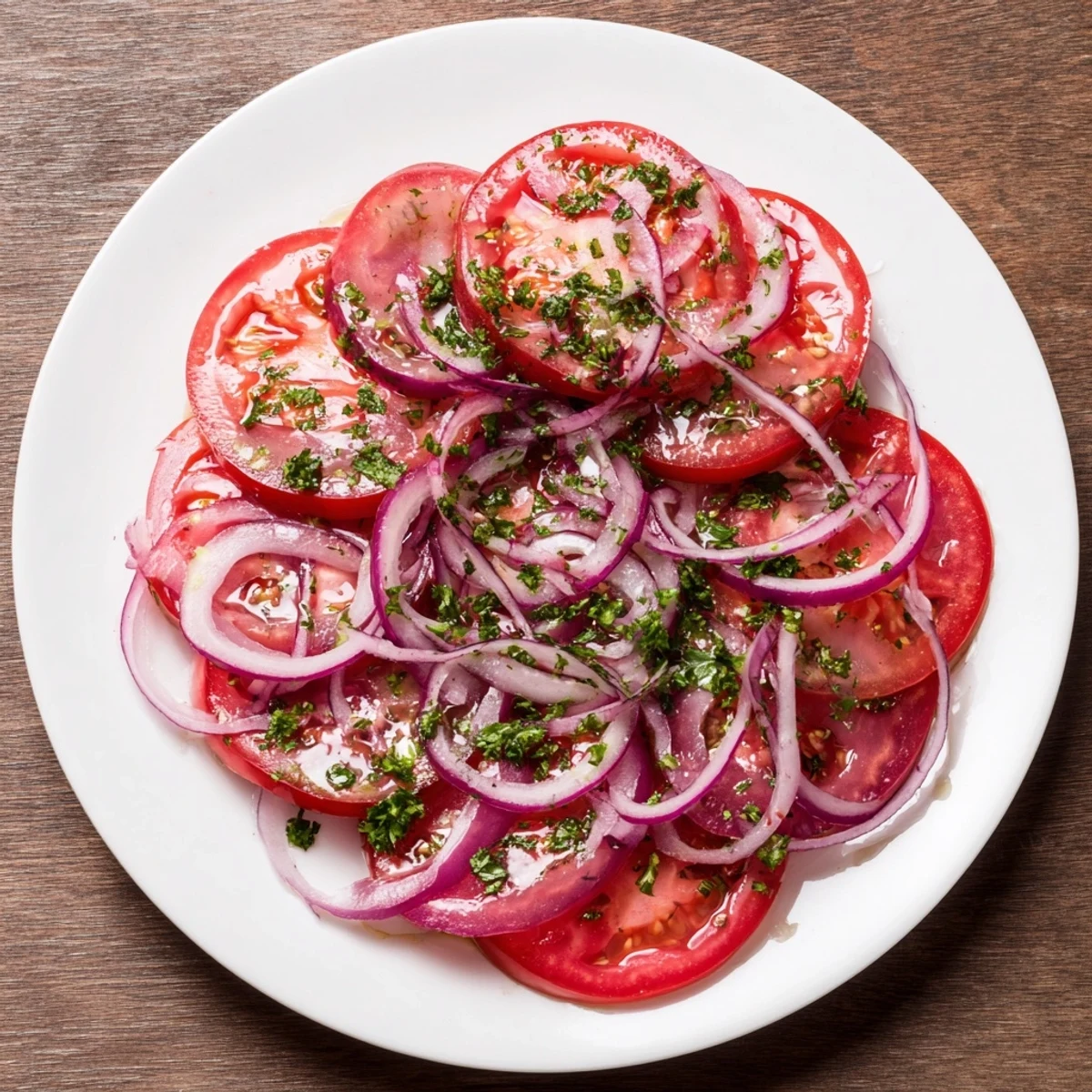 Vibrant tomato and onion salad featuring sliced red onions and ripe tomatoes in vinaigrette