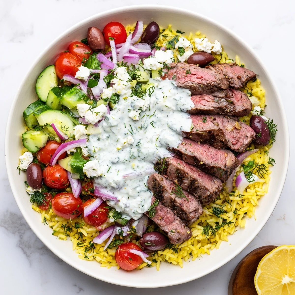 Colorful Mediterranean steak bowl with juicy grilled meat, fresh vegetables, and creamy yogurt sauce over herbed rice