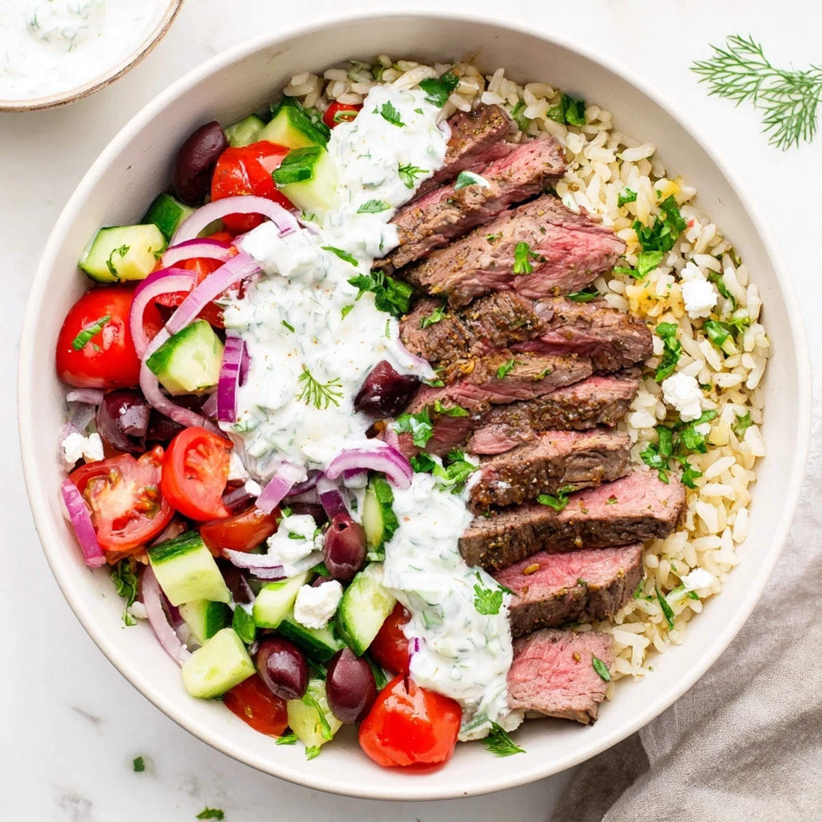 Savory grilled steak slices atop a vibrant Mediterranean bowl with tomatoes, cucumber, olives, and crumbled feta