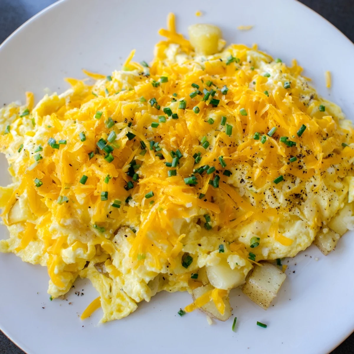 Golden cheesy potato egg scramble in a skillet topped with fresh chives