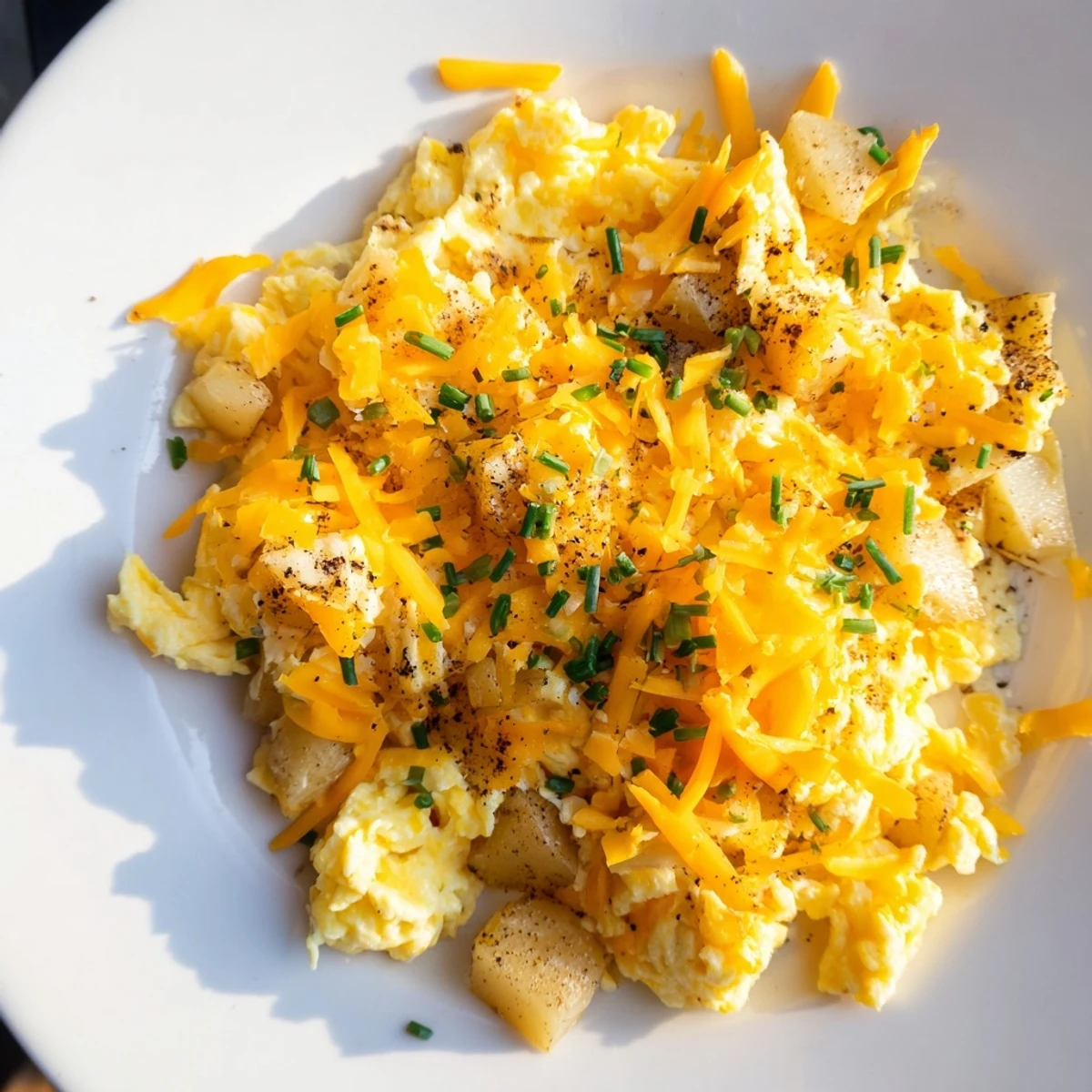 Fluffy scrambled eggs with melted cheddar and crispy golden potato cubes on a white plate