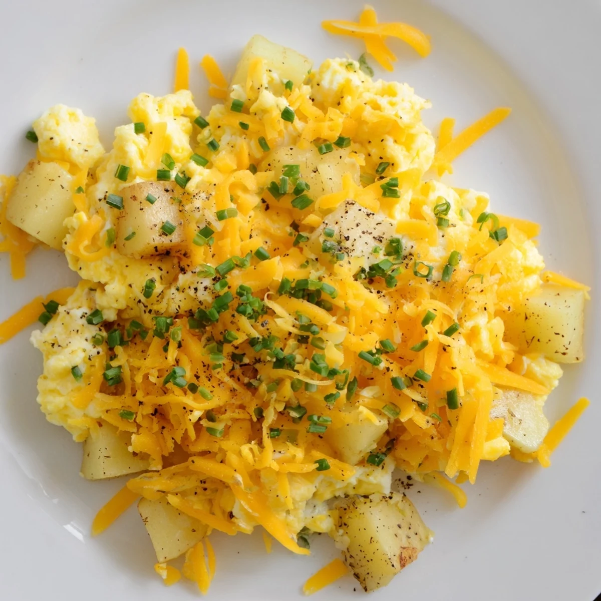 Hearty breakfast scramble featuring soft eggs tender potatoes and plenty of melted cheese garnished with green onions