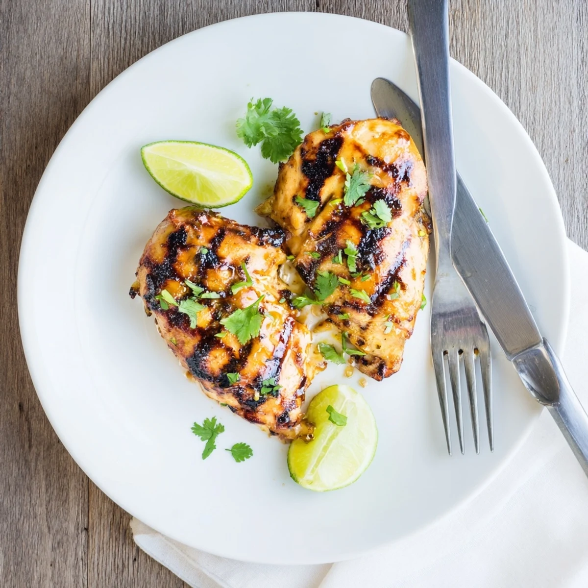 Golden brown Key West grilled chicken with charred grill marks and fresh cilantro garnish on a white plate