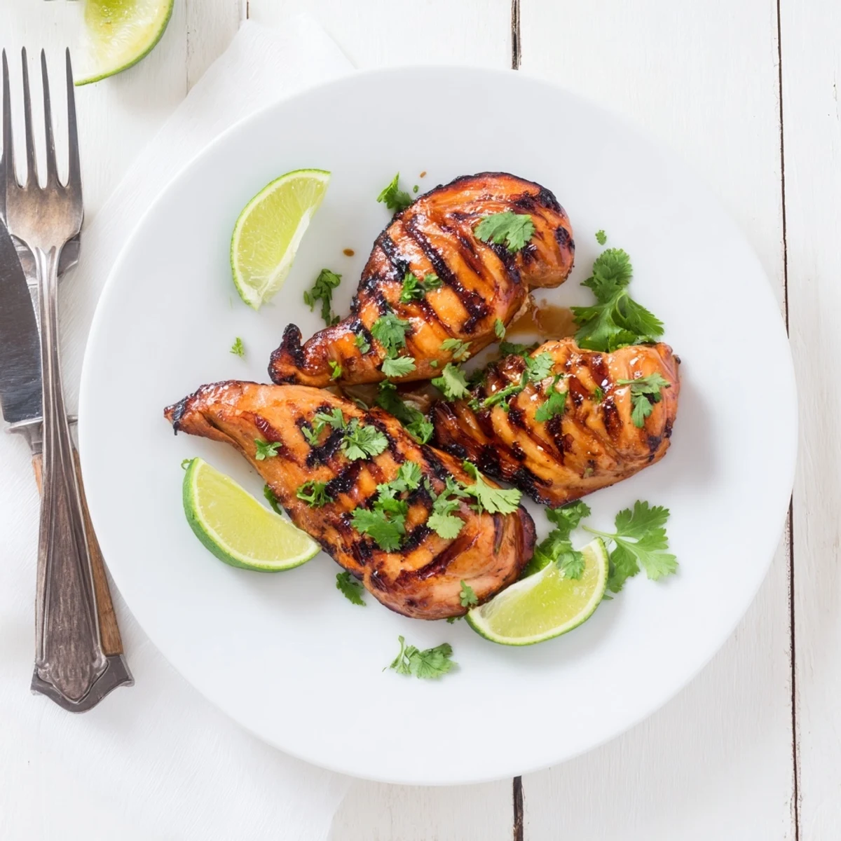 Succulent Key West grilled chicken breasts resting on a platter with zesty herbs and citrus accents