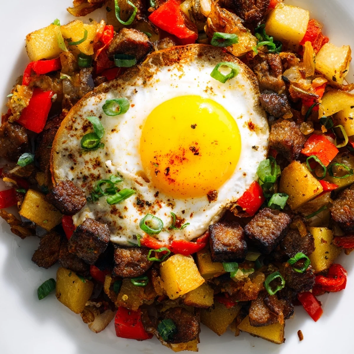 Hearty breakfast plate featuring spicy Cajun beef sausage, tender diced potatoes, onions, and eggs garnished with fresh green onions
